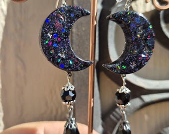 Black Witchy Moon Earrings with Victorian Style Drops, Pagan, Wicca, Moonchild, Bohemian, Gothic....