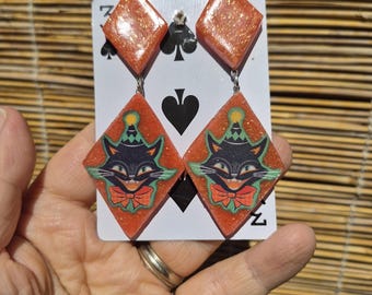 Retro Scary Halloween Cat Earrings,  Geometric, Atomic, Pinup, Rockabilly, Mid Mod.....