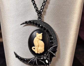 Cat on Black Moon with Bat and Crystals Necklace Pendant, Cat Cameo , Witch, Gothic, ....