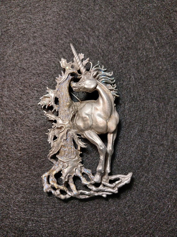 Vintage Unicorn Brooch Pin with Tree and Sparkles… - image 1