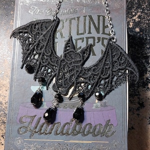 Lace Bat Necklace with Crystal Faceted Drops, Gothic Bat Choker, Vampire Necklace, Dracula, Woven Bat ....