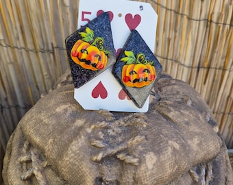 Fun Retro Halloween Pumpkin Rhombus Sparkly Earrings, Vintage 80s, Pinup, Geometric, Resin....