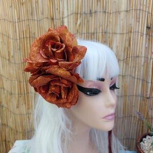 Sparkly Roses Hair Clip, Pinup Hair Flower with Glitter, Autumn Burnt Orange Retro Roses, Fall Color Hair Flower, Rockabilly.....