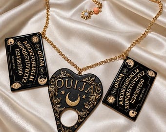 Black Gold Oui Ja Planchette Necklace, Antique Look Esoteric Gothic Witch, Witchcraft, Necromancy....