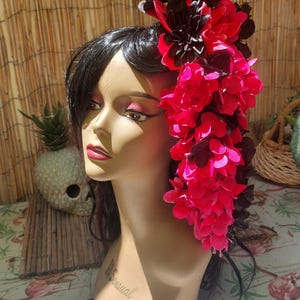 Hair Flower with Dangling Wisteria on one Side , Dark Pink and Black Pinup Hair Flower, Tiki Hair Flower, Tropical Flowers....