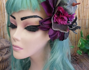 Dark Purple Dahlia Hair Flower with Grey Pumpkin: Gothic Halloween Clip