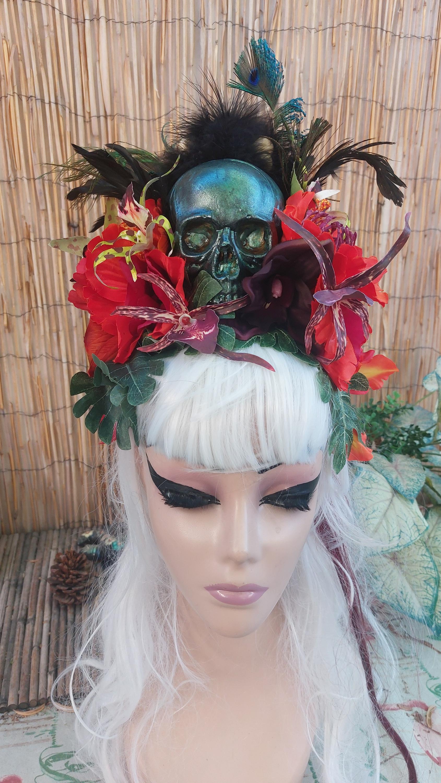 Flower Skull Headpiece Costume Headdress Dia de Muertos Skull Headdress, Red Rose Day of the Dead  main image 2