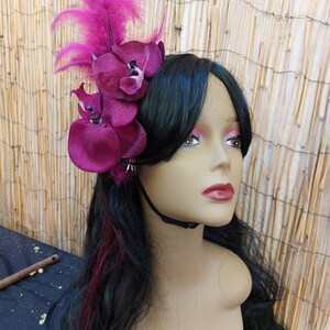 Orchid Flower Hair Clip with Feathers, Pinup Hair Flower, Tropical Flowers, Sparkly flowers, Velvet Orchids, Tiki, Hula Girl.....