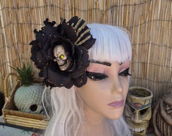 Spooky Black Hair Flower with Skull, Swarovski Eyes, Skeleton Hands, Pinup Hair, Rockabilly, Halloween .....
