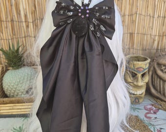 Long Black Satin Bow Hair Barette with Spider , Swarovski Crystal , Spooky Hair Accessory, Gothic.....