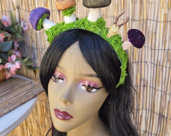 Forest Fairy Mushrooms and Moss Headband with Deer Skull ,  Magic,  Cottage Core Witch, Whimsical..