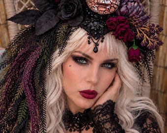 Haunted Victorian Doll in Spooky Garden Headpiece, Creepy Doll Headdress, Edwardian, Gothic, Graveyard