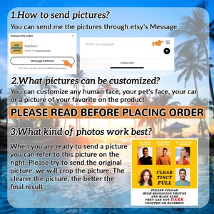 Pu&ograve; includere: Una guida su come inviare le foto per la personalizzazione. La guida include istruzioni su come contattare il venditore, quali tipi di foto possono essere personalizzate e quali tipi di foto funzionano meglio. La guida include anche esempi di foto buone e cattive per la personalizzazione.