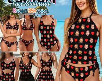 Custom Face Bikini Set, Personalized Photo Swimsuit With Red Heart, Bachelorette Party Swimwear, Bathing Suit for Her