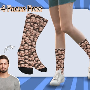 May include: A pair of socks with a pattern of a man's face. The socks are black and white and have a white background. The text "1-4 Faces Free" is visible in the top left corner of the image.
