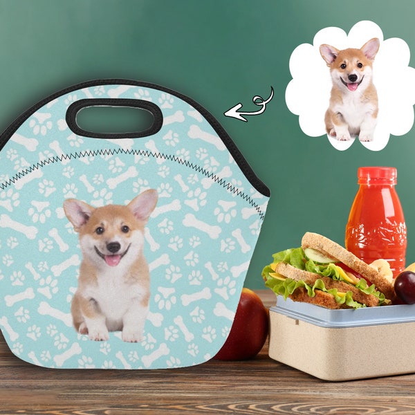 Custom Pet Face Lunch Bag for Kids or Adults Personalized Photo Neoprene Tote with Zipper Back to School Insulated Box Gift for Girls