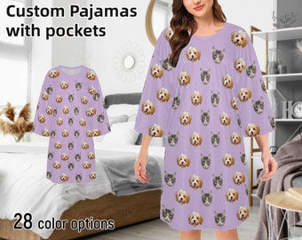 Custom Pajama Tee for Women Personalized Photo Pajama Shirt Dress Funny Dog Cat Face on Oversized Pajama Dress Bachelorette Party Gift