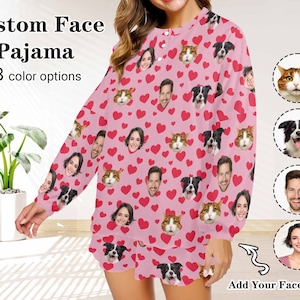 カスタムフェイスレディースパジャマセット パーソナライズされた写真入りパジャマ レディース 長袖パジャマセット 猫犬の顔がプリントされたパジャマ 誕生日 クリスマス レディースパジャマ