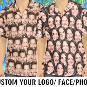 May include: A white button-up shirt with a pattern of many faces. The shirt has a collar and short sleeves. The text "CUSTOM YOUR LOGO/FACE/PHOTO" is at the bottom of the image.