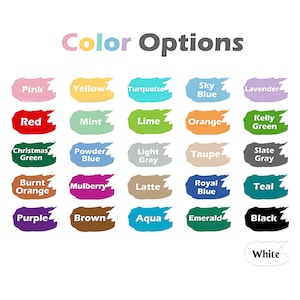 Pu&ograve; includere: Tabella di opzioni colore con 25 diversi campioni di colore. I colori includono rosa, giallo, turchese, azzurro cielo, lavanda, rosso, menta, lime, arancione, verde kelly, verde natalizio, blu polvere, grigio chiaro, tortora, grigio ardesia, arancione bruciato, mora, latte, blu reale, verde acqua, viola, marrone, acqua, smeraldo, nero e bianco.