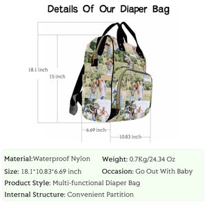 May include: A black diaper bag with a photo collage design. The bag is 18.1 inches tall, 10.83 inches wide, and 6.69 inches deep. It is made of waterproof nylon and has a convenient partition.
