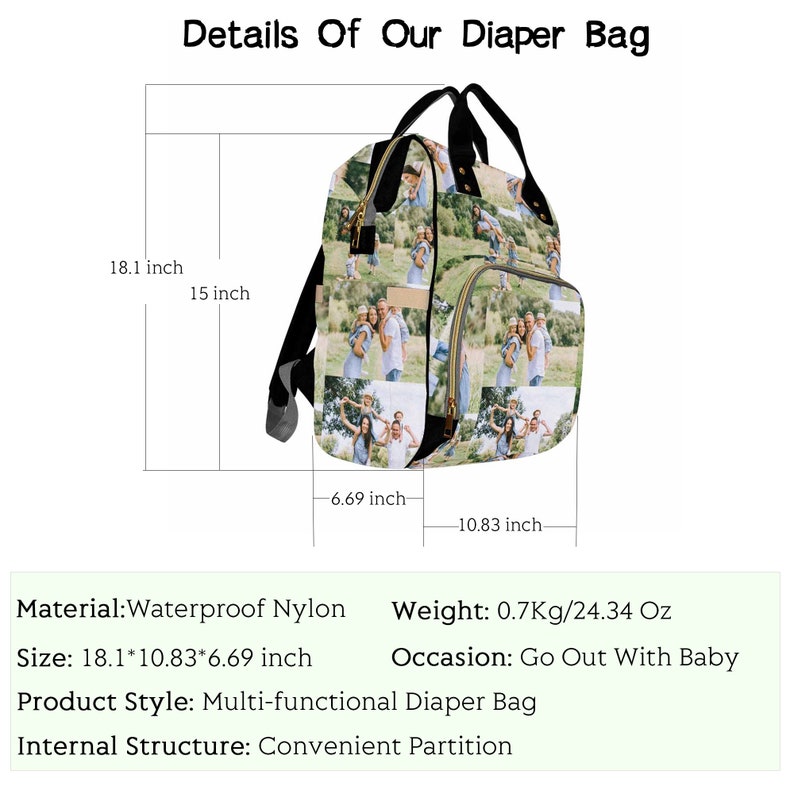 May include: A black diaper bag with a photo collage design. The bag is 18.1 inches tall, 10.83 inches wide, and 6.69 inches deep. It is made of waterproof nylon and has a convenient partition.