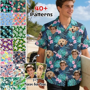 May include: A short-sleeved button-down shirt with a dark blue background, featuring a pattern of green leaves, pink flowers, and faces of a person and a dog. The image also shows a variety of fabric patterns and the text "40+ Patterns" and "1-3 Faces for Free."