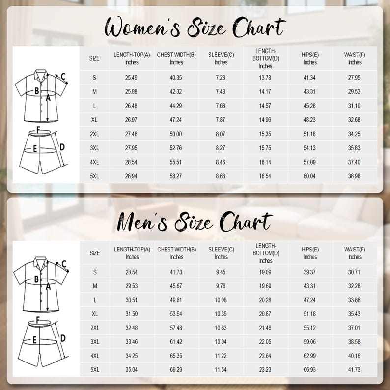 K&ouml;nnte beinhalten: Gr&ouml;&szlig;entabellen f&uuml;r Damen- und Herrenbekleidung, mit Ma&szlig;en in Zoll. Enth&auml;lt L&auml;nge, Brustweite, &Auml;rmell&auml;nge, Unterl&auml;nge, H&uuml;fte und Taille f&uuml;r verschiedene Gr&ouml;&szlig;en, von S bis 5XL. Die Tabellen zeigen Diagramme von Hemden und Shorts.