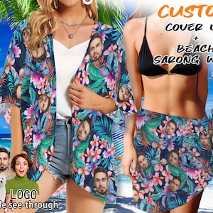 May include: A custom cover-up and beach sarong wrap with a tropical floral print featuring multiple faces. The text "CUSTOM COVER UP + BEACH SARONG WRAP" is at the top of the image. The text "LOGO A little see-through" is at the bottom of the image.