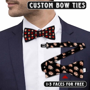 May include: Custom bow ties with a black background and repeating faces. One bow tie has red hearts. The text "CUSTOM BOW TIES" is at the top. The text "1-3 FACES FOR FREE" is at the bottom.