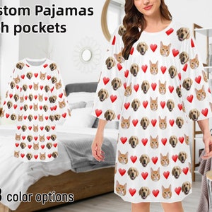 Custom Photo Pajama Tee Personalized Women Pajama Tee Pajama Shirt Dress Funny Dog Cat Face on Oversized Pajama Dress Tee Pet Lover Mom Gift