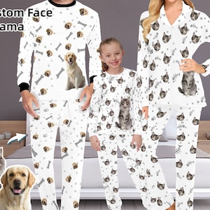 Custom Cat Dog Face Women Men Kids Long Sleeve Pajama Set Personalized PJs Anniversary/Birthday/Bachelor/Valentine's Day Girlfriend's Gift