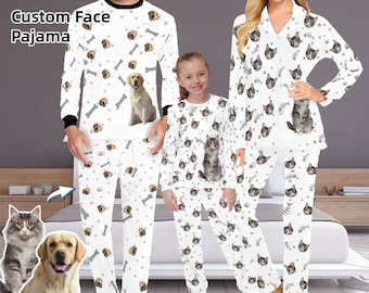 Pigiama a maniche lunghe personalizzato con faccia di cane e gatto, per donne, uomini e bambini, ideale come regalo per anniversario, compleanno, addio al celibato o San Valentino.