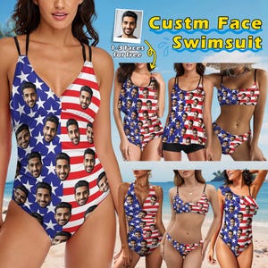 May include: A variety of swimsuits featuring a custom face design. The swimsuits include a one-piece, tankini, and bikini styles. The designs incorporate the American flag with a repeating face pattern. The text "Custm Face Swimsuit" is displayed in yellow.