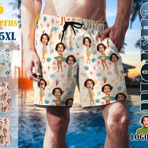 May include: A pair of white swim trunks with a tropical print featuring multiple images of women's faces. The text "Custom Logo" is in the bottom right corner of the image. The text "6 patterns XS-5XL" is in the top left corner of the image.