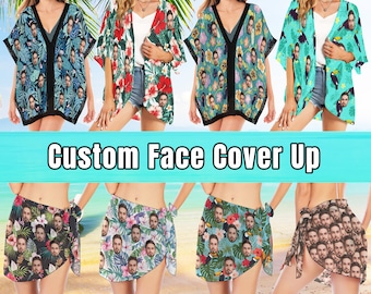 Custom Face Women Cover up Swimsuit Cover up Personalized Photo Beach Sarong Wrap Beachwear Kimono Chiffon Bachelor Vacation Party Cover up