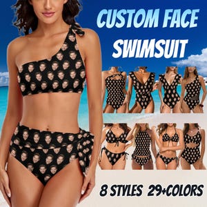May include: Black swimsuit with a custom face print. The image shows a two-piece swimsuit with a one-shoulder top and high-waisted bottoms. The text reads "CUSTOM FACE SWIMSUIT" and "8 STYLES 29+COLORS".