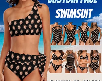 Custom Photo Women's Bikin, Personalized One-Piece Swimsuit, Custom Husband's Face Swimwear, Holiday Bathing Suit