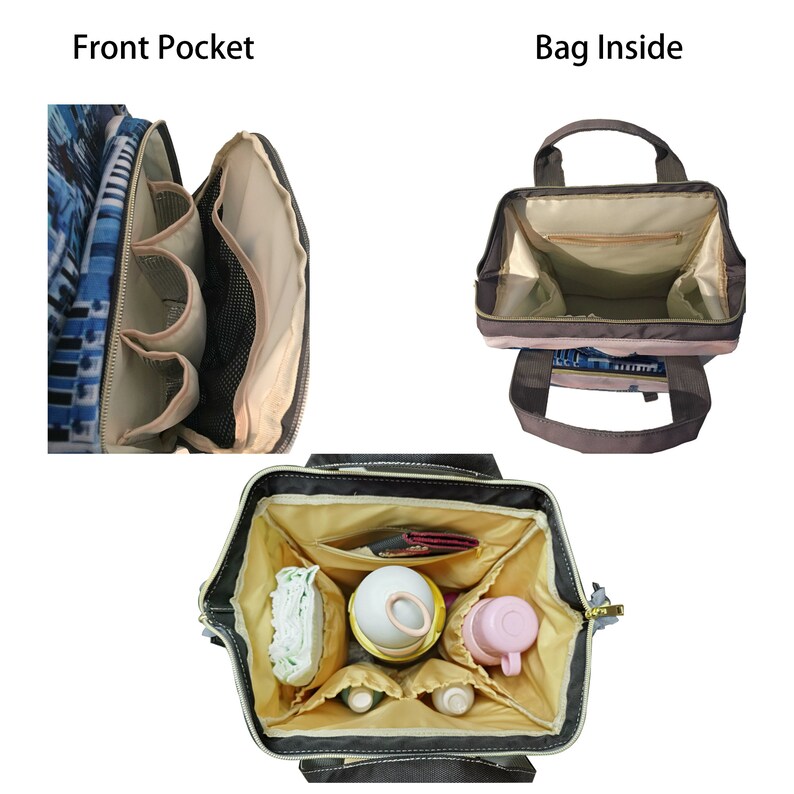 May include: A brown diaper bag with multiple pockets and compartments. The bag is open to show the interior, which has a beige lining and several pockets. The bag is also shown with the front pocket open, revealing a beige lining with multiple bottle holders. The bag is labeled "Bag Inside" and "Front Pocket".