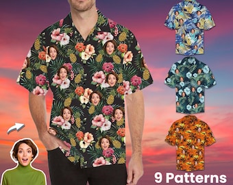 Men Face Hawaiian Shirt Personalized Dog Face Tropical Flamingo Pineapple Shirt for Birthday Anniversary Gift Bachelor Party Aloha Shirts