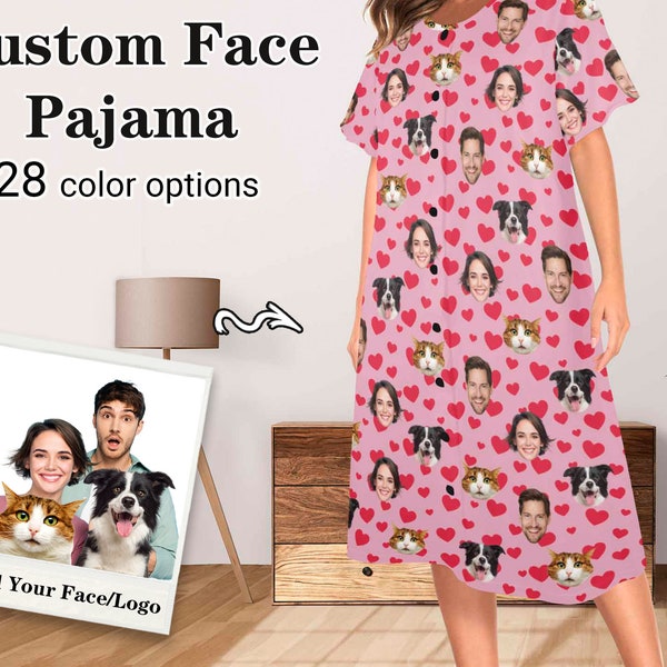 Custom Women Pajama Shirt Personalized Photo Pajama Dress Dog Cat Face on Pajama Tee Bachelor Christmas Birthday Gift Pajama Shirt with Face