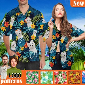 May include: Two people wearing tropical print shirts with white dogs on them. The shirts have a blue background with green leaves and flowers. The text "New In" and "Hot" are visible in the image. The image also shows 9 different patterns for the shirts.