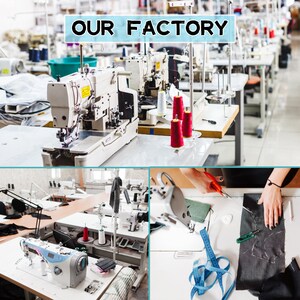 May include: A factory setting with multiple sewing machines and spools of thread. The machines are white and have red thread spools. The sign above the machines reads "OUR FACTORY".