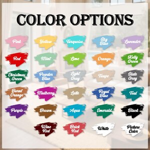 K&ouml;nnte beinhalten: Bild mit einer Vielzahl von Farboptionen. Der Text "COLOR OPTIONS" steht oben. Jede Farbe wird auf einem Pinselstrich dargestellt, mit Bezeichnungen wie Pink, Rot und Schwarz. Der Hintergrund ist eine verschwommene Innenszene.