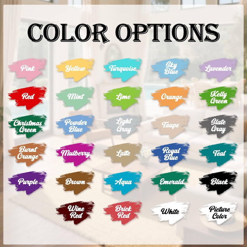 K&ouml;nnte beinhalten: Bild mit einer Vielzahl von Farboptionen. Der Text "COLOR OPTIONS" steht oben. Jede Farbe wird auf einem Pinselstrich dargestellt, mit Bezeichnungen wie Pink, Rot und Schwarz. Der Hintergrund ist eine verschwommene Innenszene.
