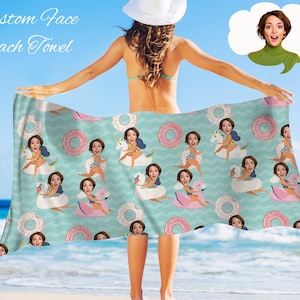 May include: A turquoise beach towel with a repeating pattern of donuts, flamingos, and unicorns. Each image has a person's face superimposed on it. The text "Custom Face Beach Towel" is at the top of the image.