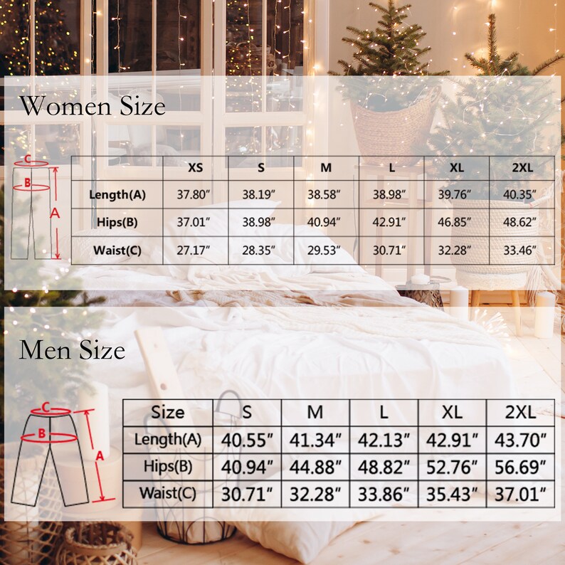 Pu&ograve; includere: Un grafico con le misure di taglia per pantaloni da donna e da uomo. Il grafico mostra le misure di lunghezza, fianchi e vita per ogni taglia. Le taglie sono XS, S, M, L, XL e 2XL.