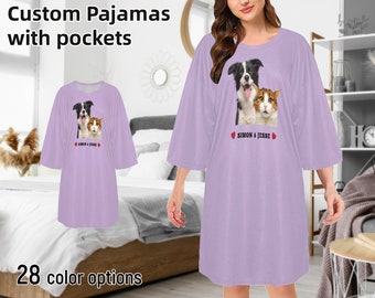 Custom Women Pajama Tee Personalized Photo Pajama Shirt Dress Pet Picture on Oversized Pajama Tee Dress Birthday Party Gift for Wife Mom