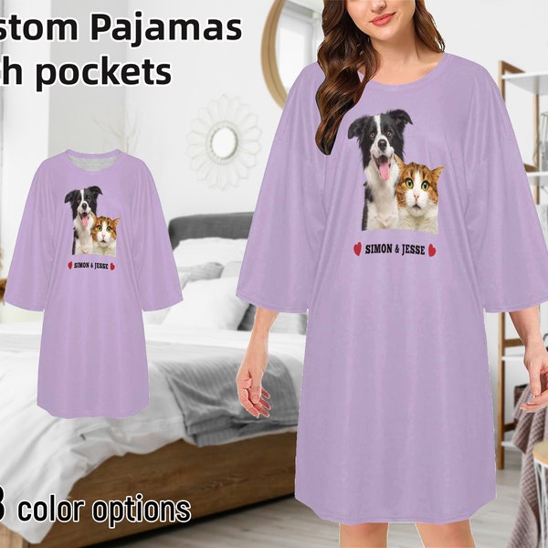 Custom Women Pajama Tee Personalized Photo Pajama Shirt Dress Pet Picture on Oversized Pajama Tee Dress Birthday Party Gift for Wife Mom