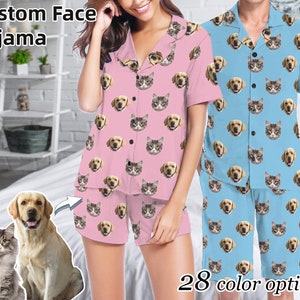 Custom Cat Dog Faces Women Men Short Sleeve Pajama Set Personalized Funny Your Photo on Pet Lovers PJs Birthday Anniversary Gift for Mom Dad